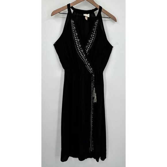 Knox Rose Midi Dress Women Medium Black Sleeveless Surplice Elastic Waist Tassel - Picture 1 of 11